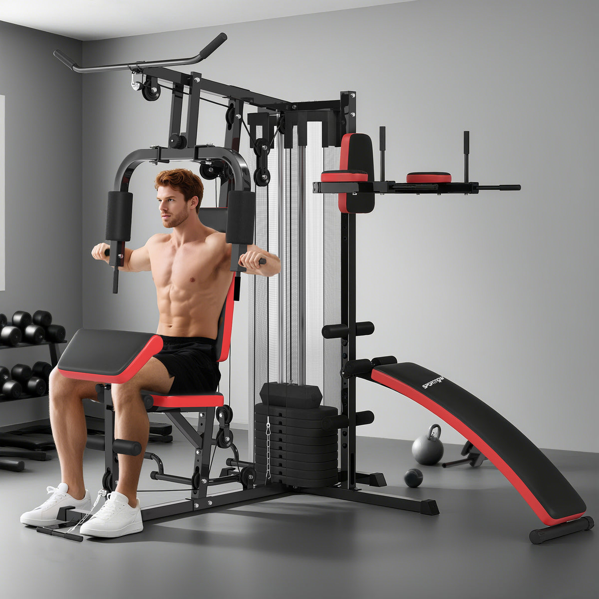 Multifunctioneel trainingsstation met 65 kg gewichtsblok, verstelbaar, voor thuistraining, staal, kunstleer (2)