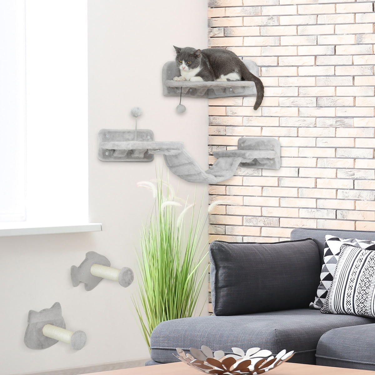 Kattentrap-set, 4-delig, krabmeubel met sisal-treden, dubbel platform, lichtgrijs/crèmewit (2)