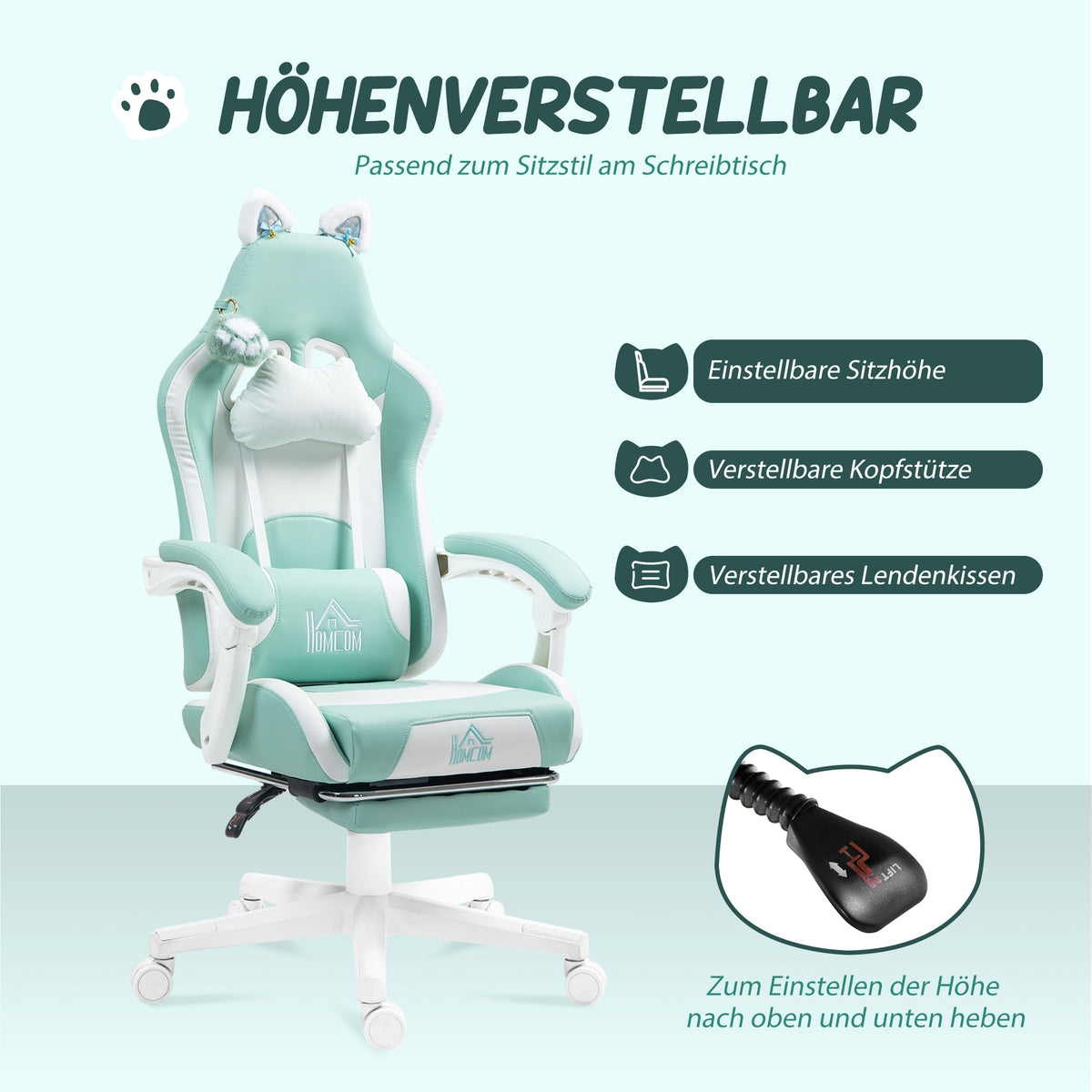 Gaming-stoel met kattenoortjes, kantelbare rugleuning, uitschuifbare voetensteun, belastbaar tot 120 kg (5)