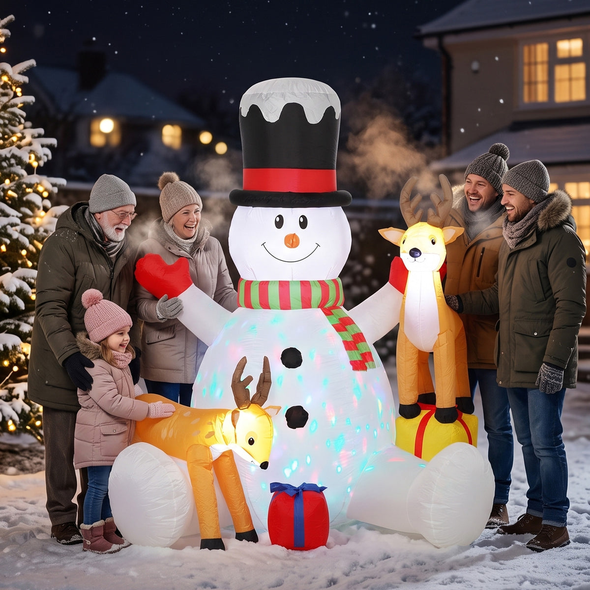 Opblaasbare kerstsneeuwman met 2 rendieren, 215 cm, voor buiten, met leds en tas (2)