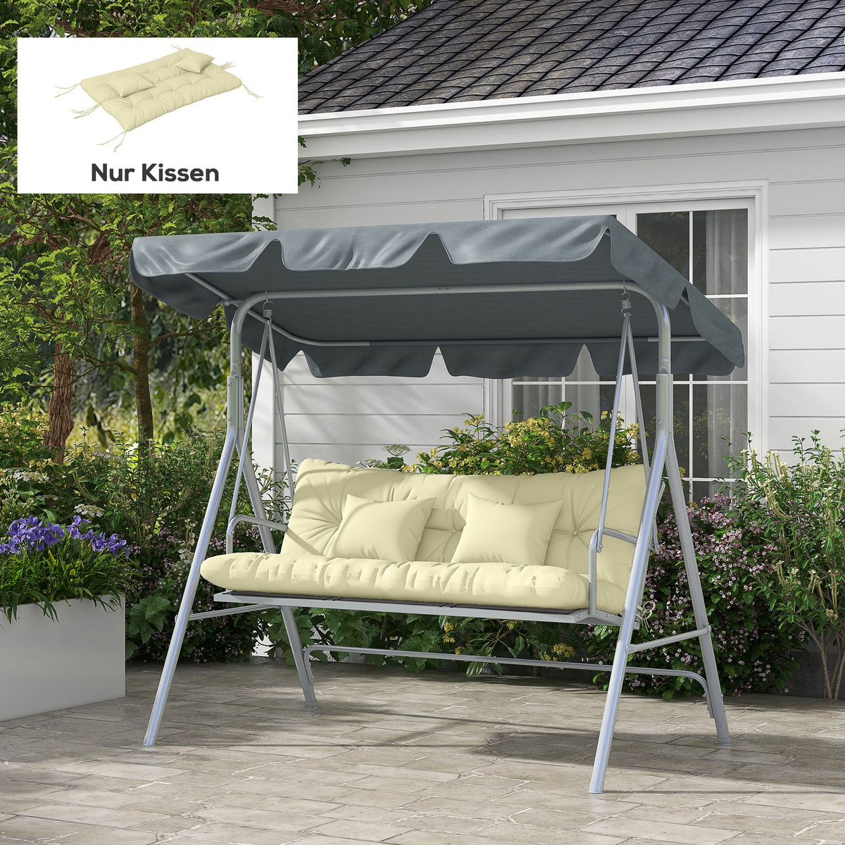 Set van 4 zitkussens, 150x50 cm waterafstotende stoelkussens met bevestigingslinten, 10 cm dik crème-wit (2)