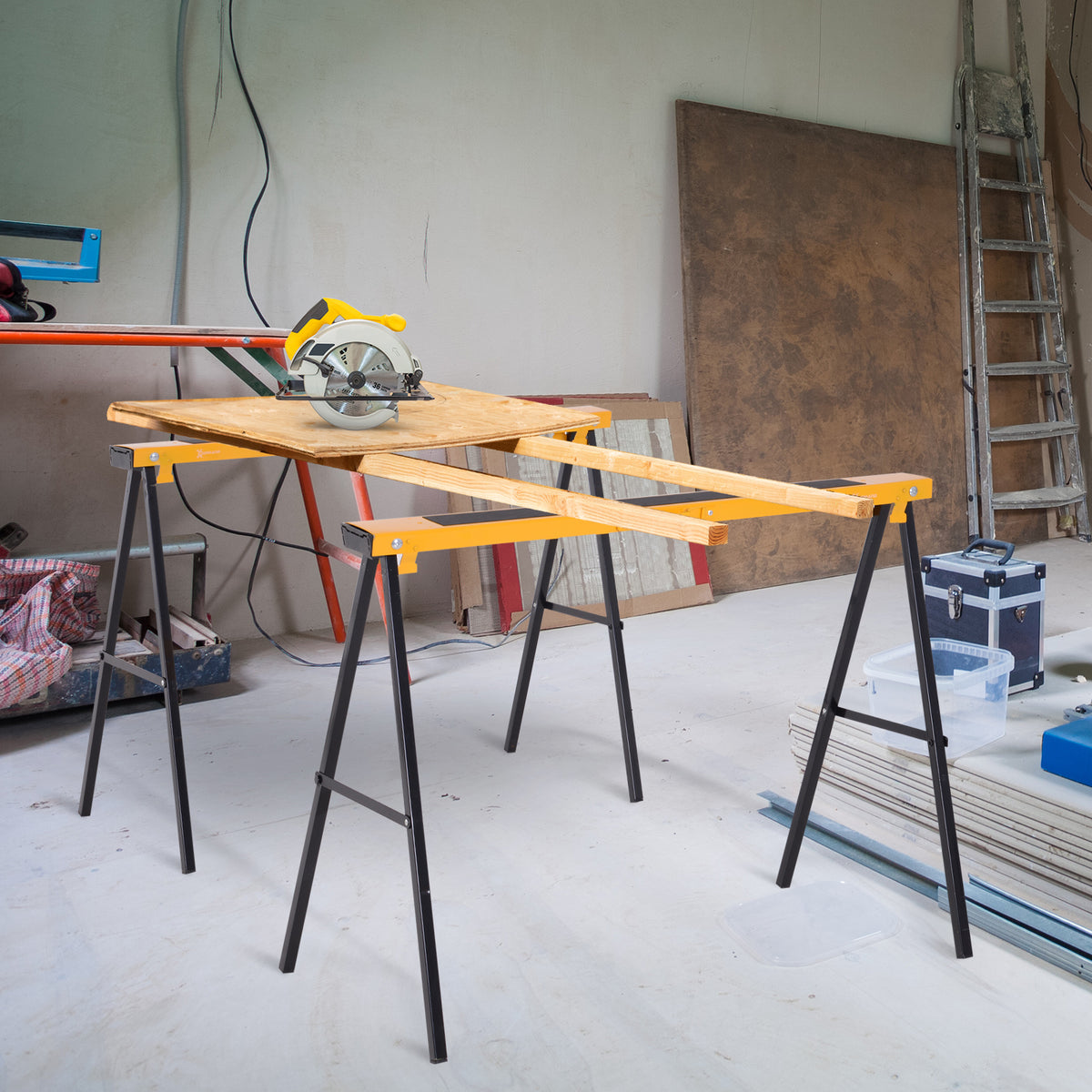 Set van 2 werkbokken, werkstandaards, belastbaar tot 250 kg, metaal, geel (2)