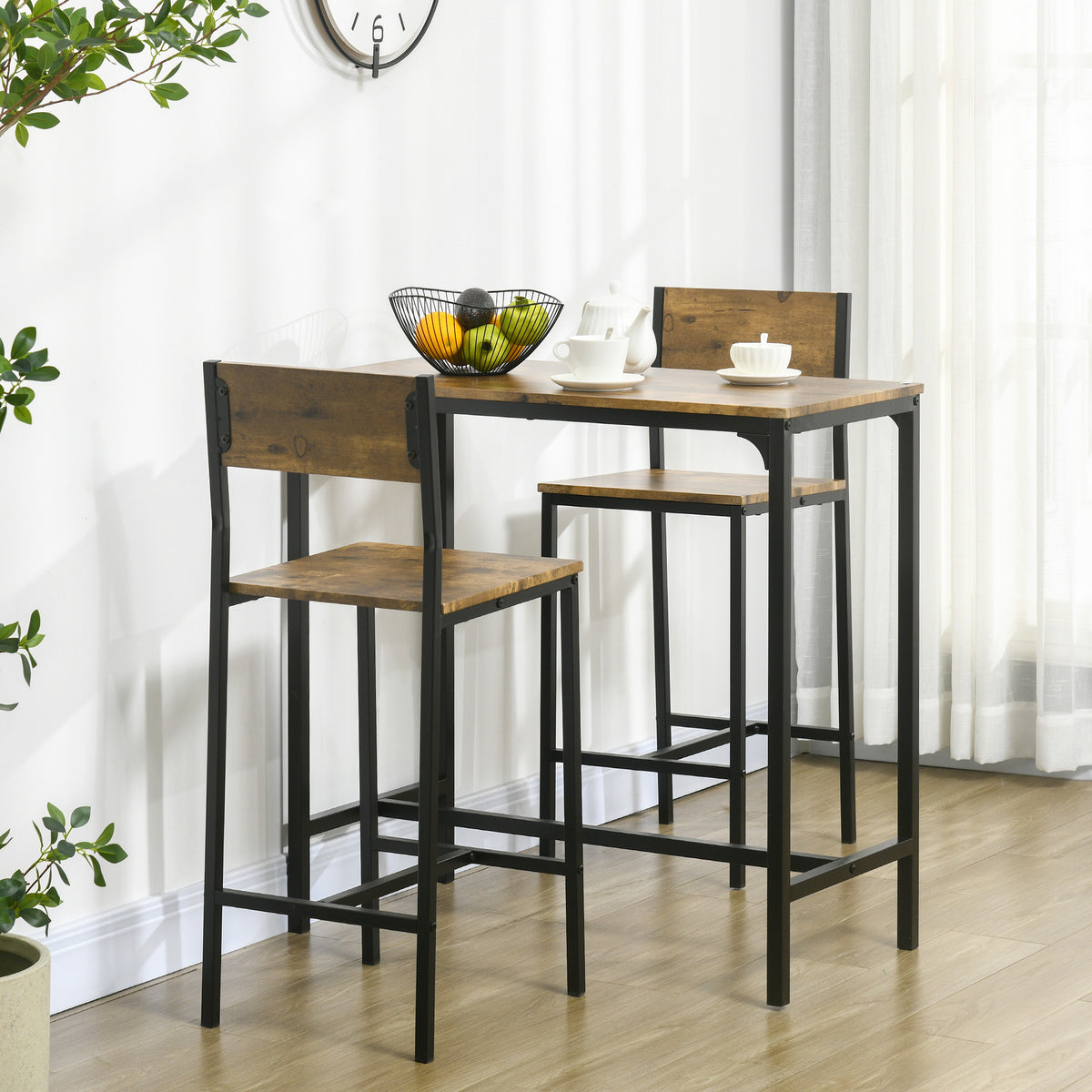 3-delige barset, statafel, 2 stoelen, MDF, metalen frame, waterbestendig, bruin (2)
