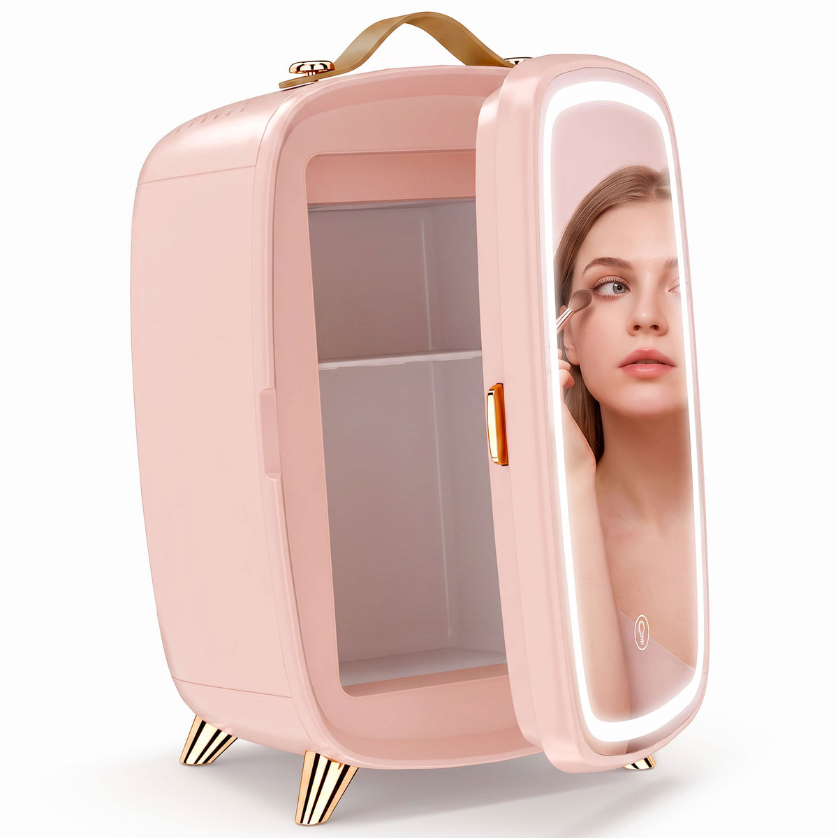 Minikoelkast voor cosmetica, drankjes en snacks, draagbaar, met verlichte spiegel, stille werking, 6L, roze