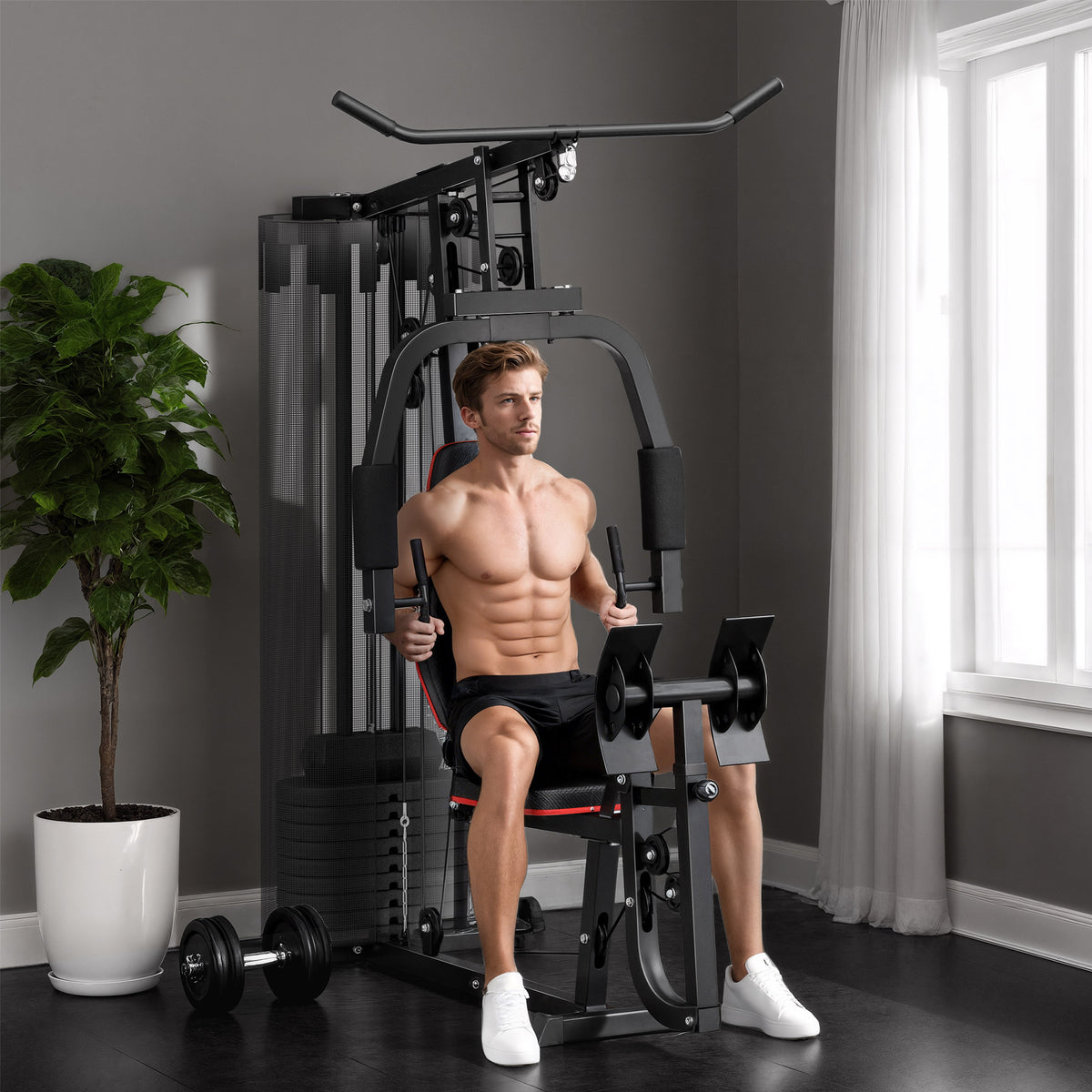 Thuis-fitnessstation met 45 kg gewichtblokken, hoge kabelkatrol, borststation, beenpers voor veelzijdige (2)