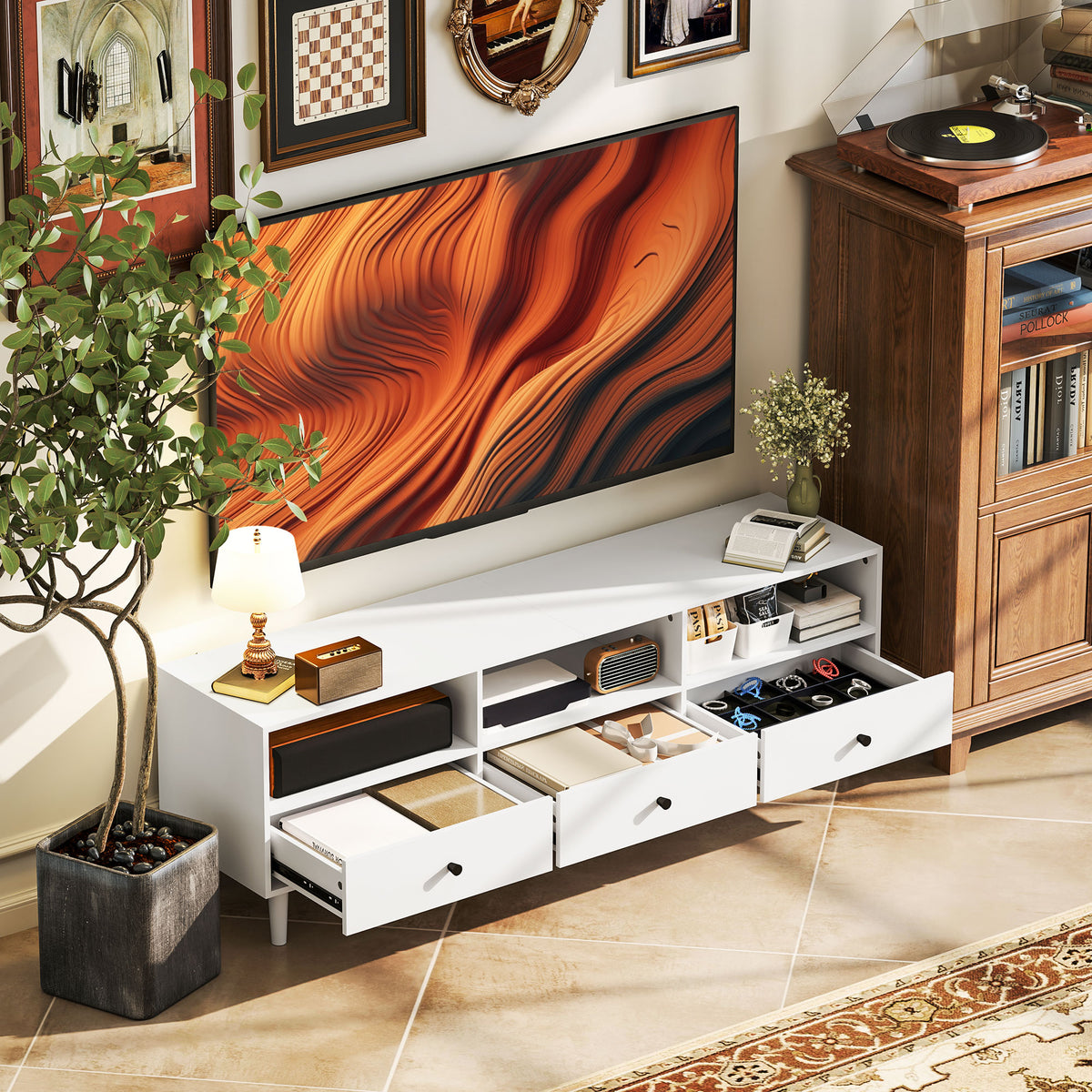Tv-meubel, tv-standaard voor 75-inch schermen, 3 open vakken, 3 lades, spaanplaat, wit (2)