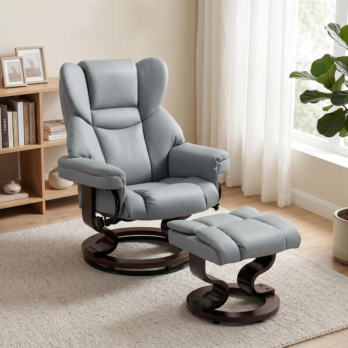 Draaibare relaxfauteuil met voetenbank, hoge rugleuning, schuim met hoge dichtheid, houten voet, lichtgrijs (2)