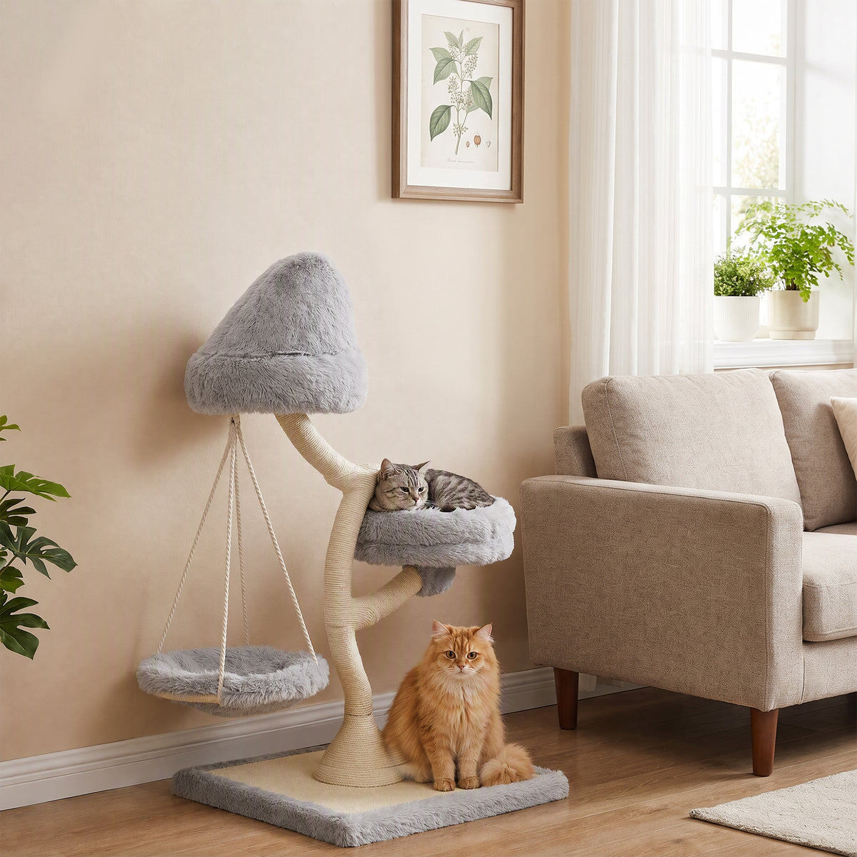 Krabpaal 115 cm hoog kattenboom met boomvorm 2 wasbare bedden hangmat sisal-krabstam, voor katten onder 6 kg (2)