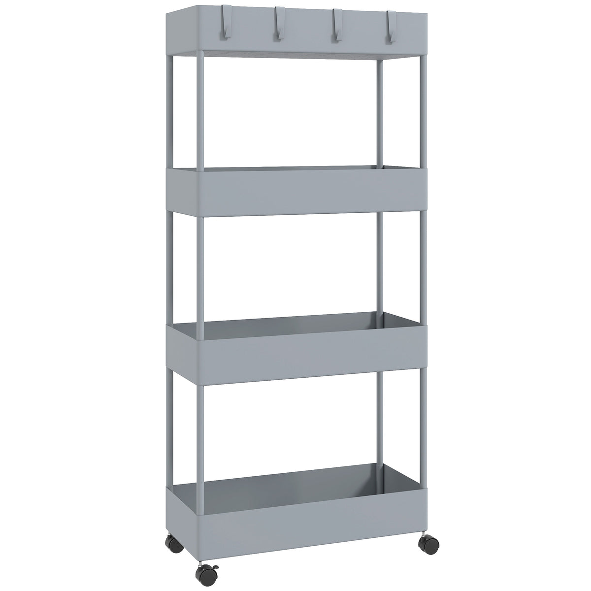 Keukenwagen met 4 planken, 4 flexibele haken, 4 wielen, 40 cm x 19 cm x 90 cm, niswagen, grijs
