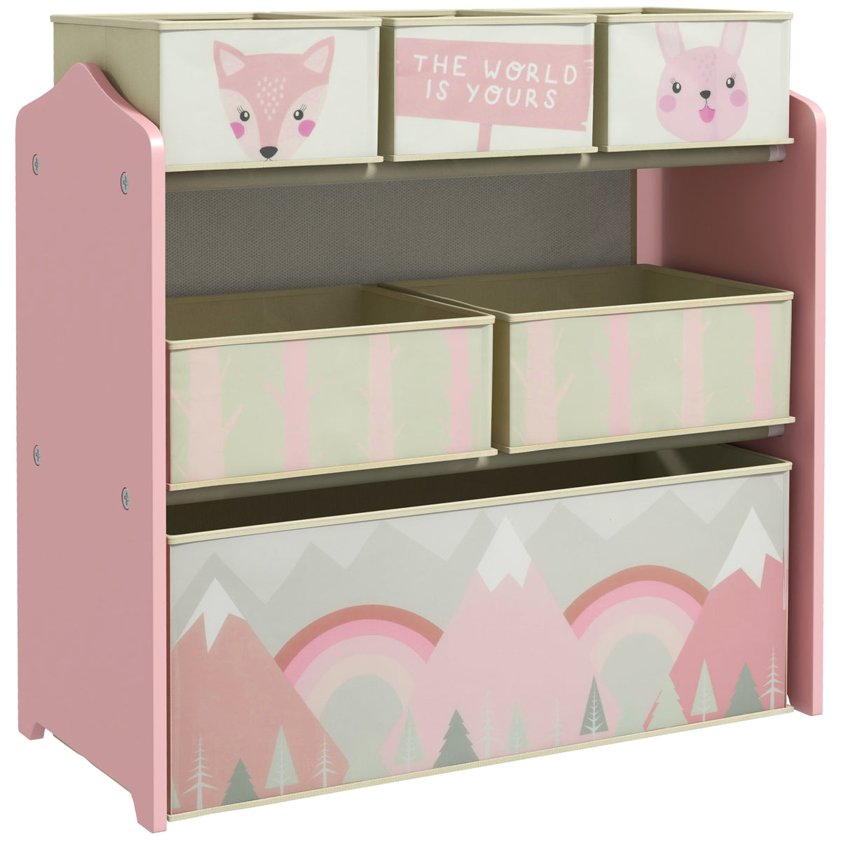 Kinderkast met 6 stoffen opbergboxen, schattig motief, 63x30x66 cm, roze