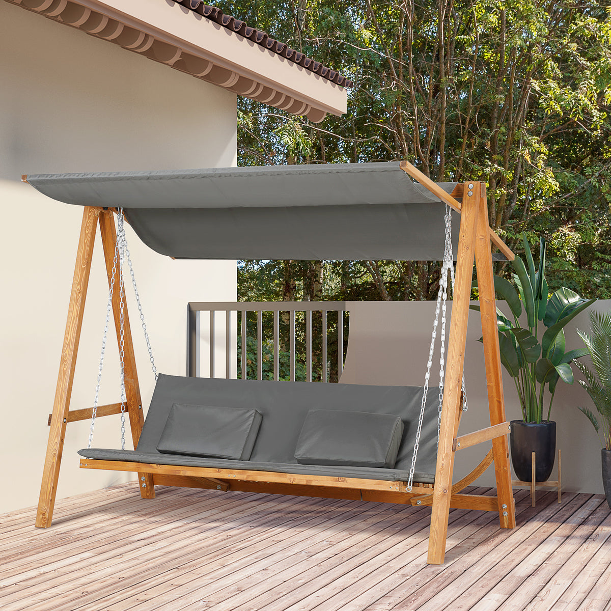 Hollywoodschommel met bedfunctie 3-zits tuinschommel larikshout met verstelbaar zonnedak 225,5 x 130 x 180 cm (2)
