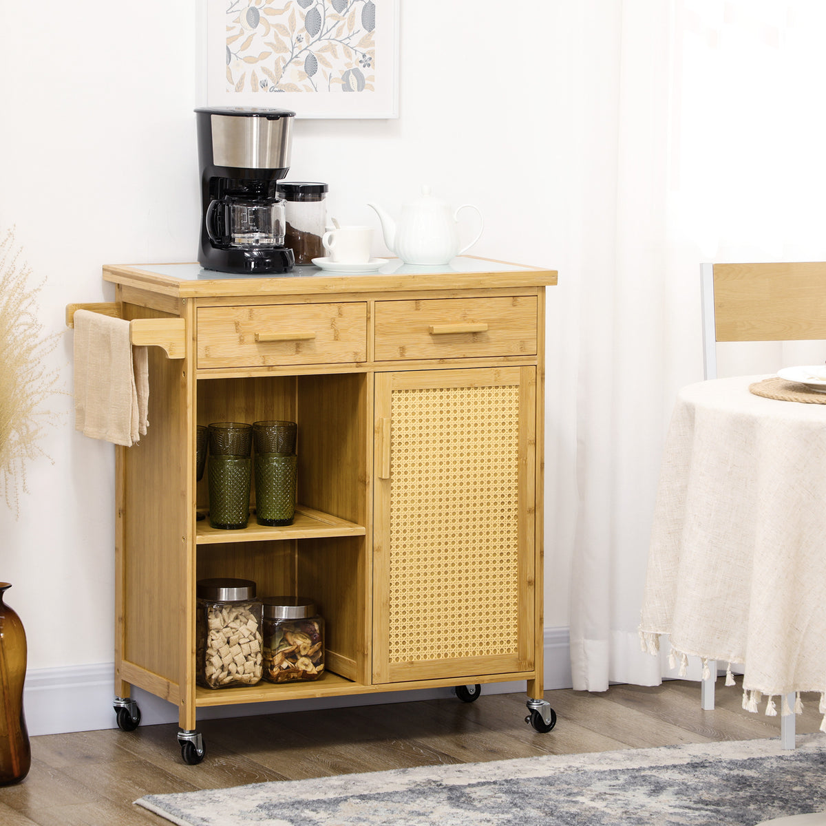 Bamboe keukentrolley, multifunctionele trolley, serveerwagen, 2 lades, 1 kast, 2 planken, natuur (2)
