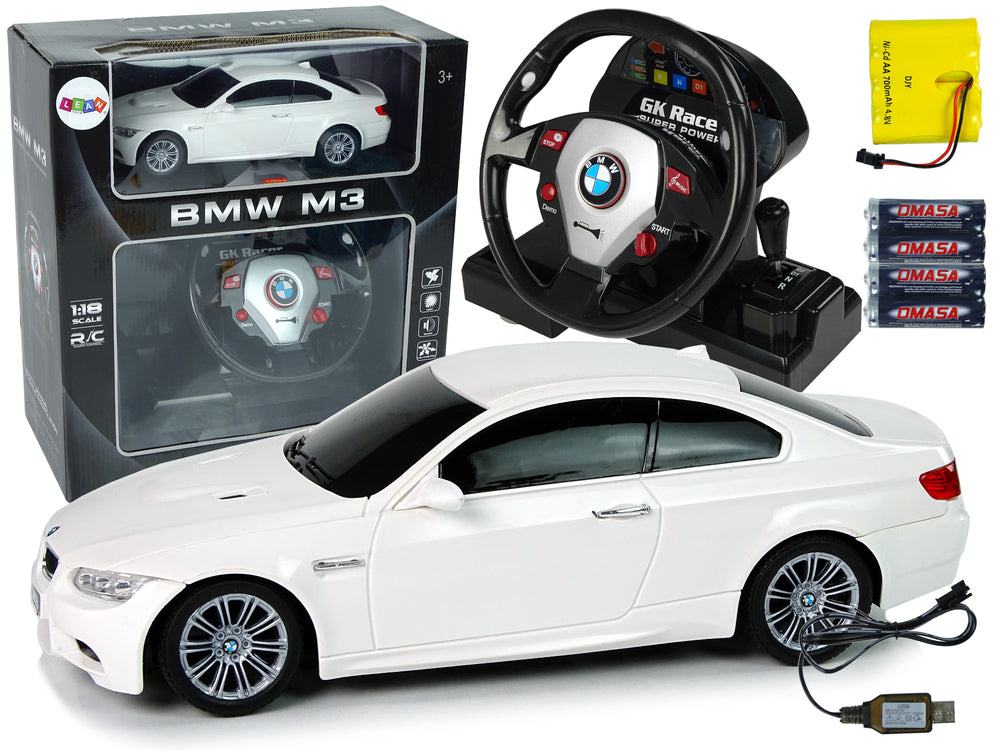 Afstandsbedienbare BMW M3 Wit 2.4G stuurwiel 1:18 geluid lichten