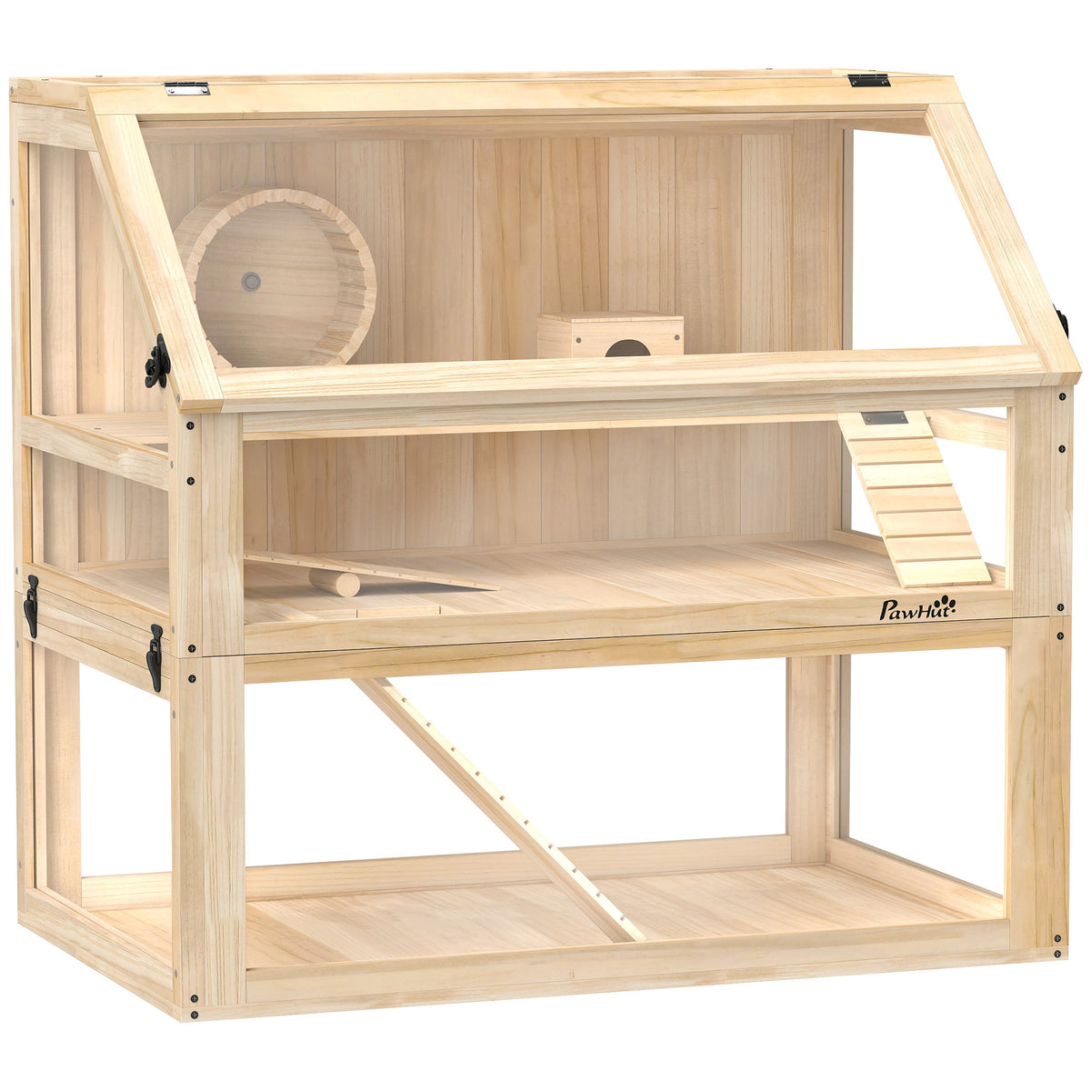 Hamsterkooi van hout 3 verdiepingen nagarium knaagdierkooi met klapdeksel loopwiel 80 x 50 x 76 cm natuurlijk