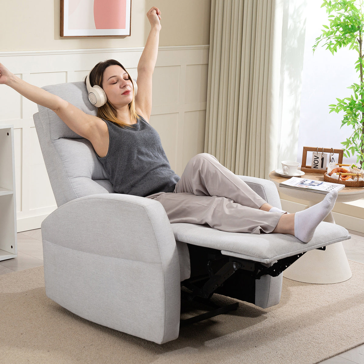 Verstelbare relaxfauteuil met voetensteun, moderne gestoffeerde fauteuil, lichtgrijs (2)