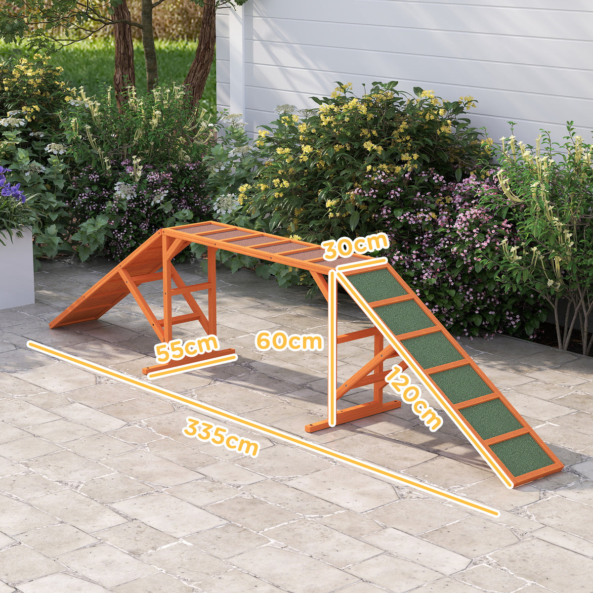 Agility hondenhelling, parcours, antislip, weerbestendig, hout, 335 x 55 x 60 cm, oranje (3)