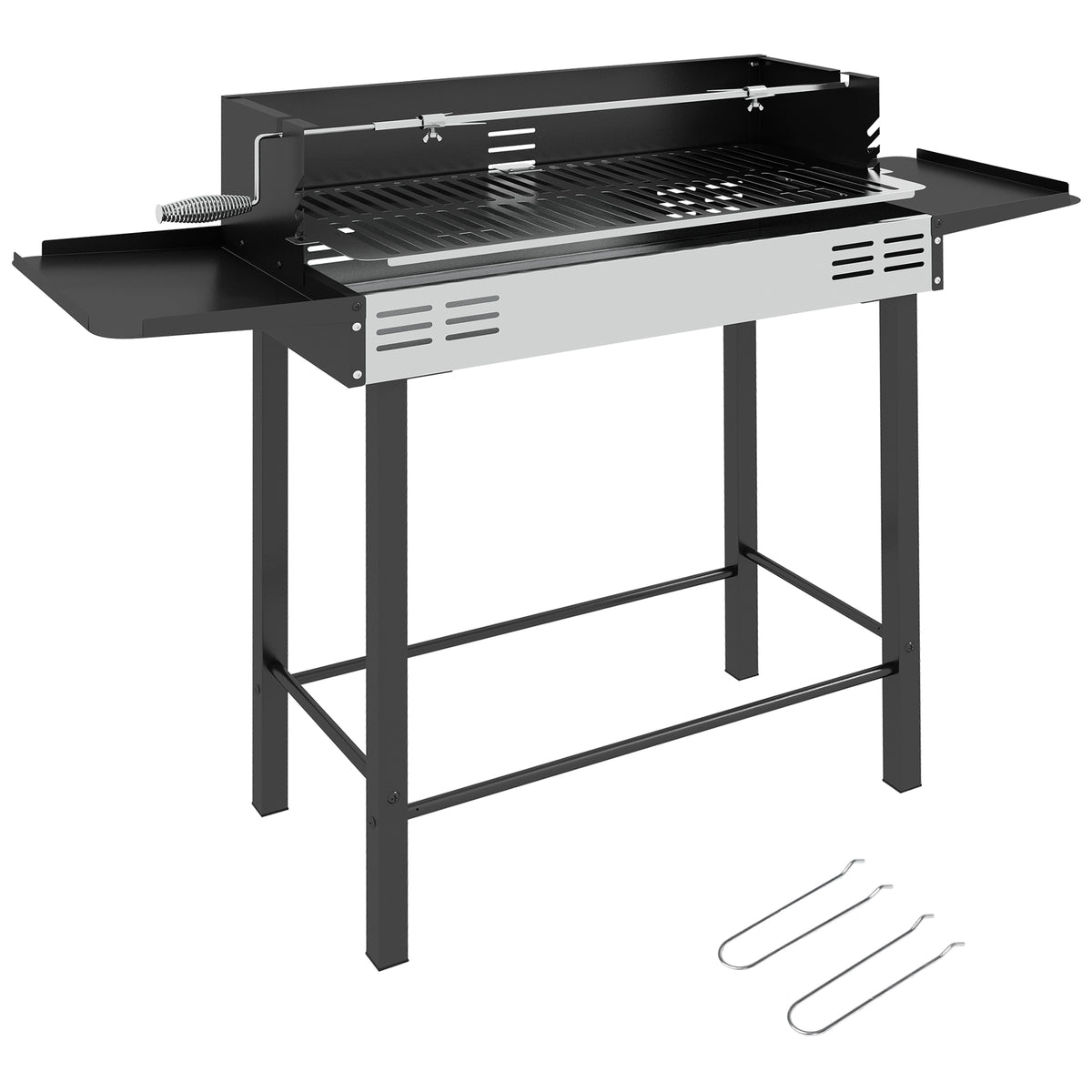 Houtskoolgrill BBQ-grill, verstelbaar rooster, 1 draaispit, 118 x 32 x 90 cm, zwart + zilver