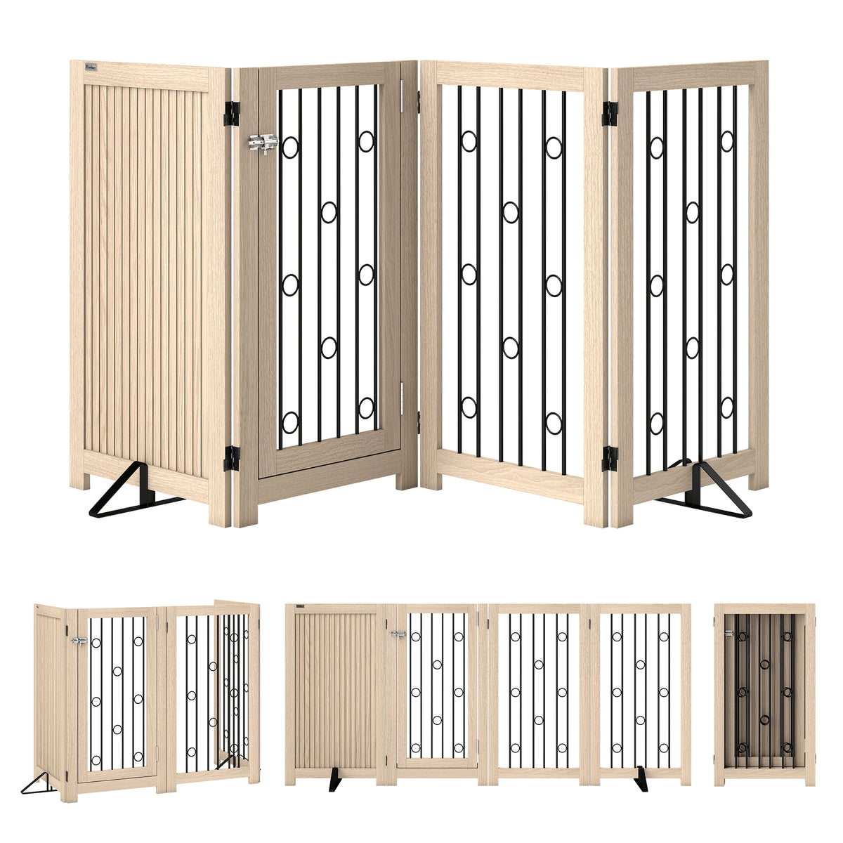 Vrijstaand huisdierhek, hondenhek met deur, 4 panelen, voor gang, trap, deurkozijn, MDF, staal