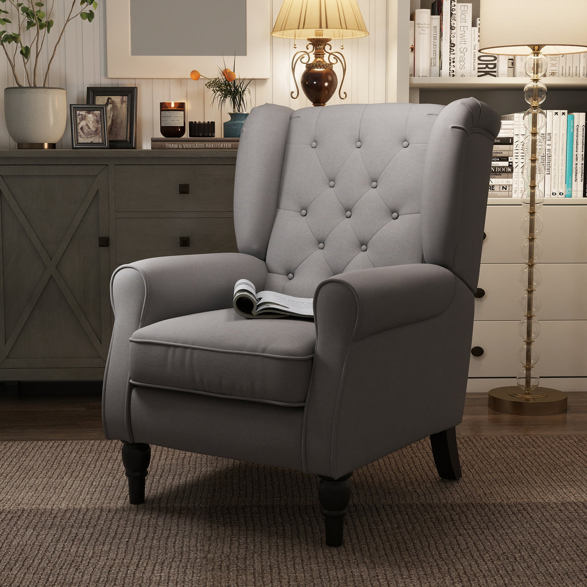 Oorfauteuil, fauteuil met knoopjes, hoge rugleuning, gestoffeerde loungefauteuil met afgeronde armleuningen (2)