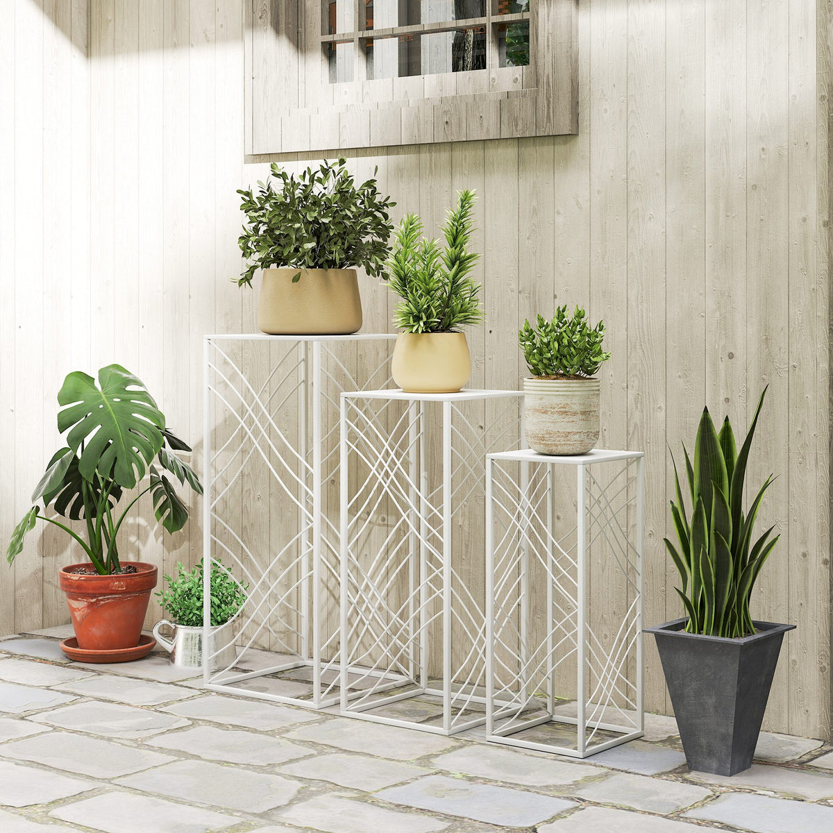 3-delige set plantenstandaards, 50/60/70 cm hoog, stapelbaar metalen plantenrek, wit (2)