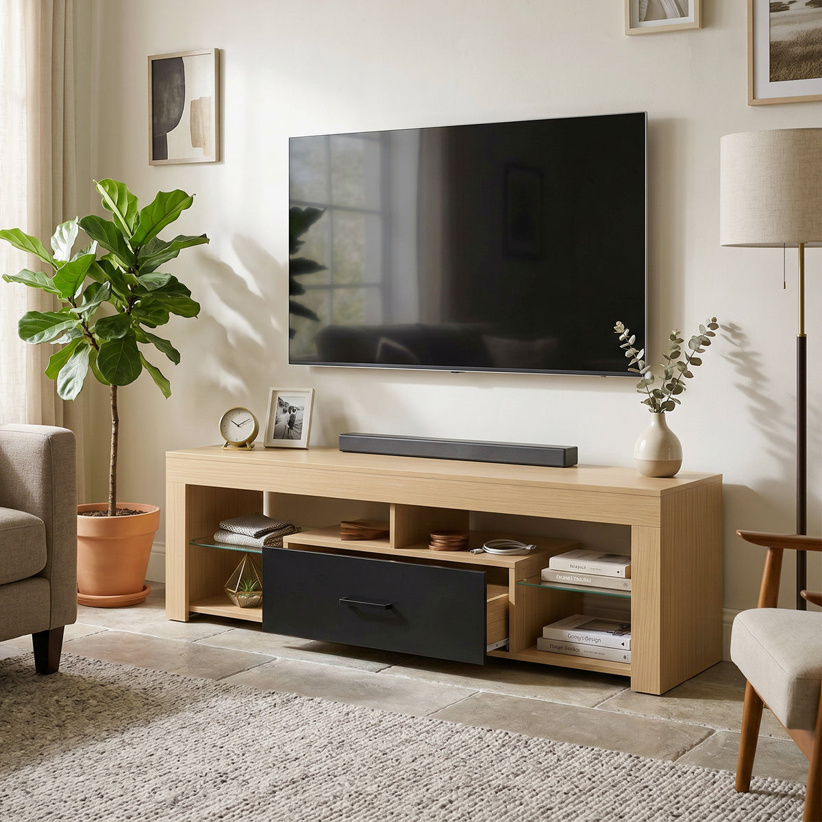 TV-meubel voor televisies tot 65 inch, modern tv-kastje met verstelbare glazen planken, eiken (2)