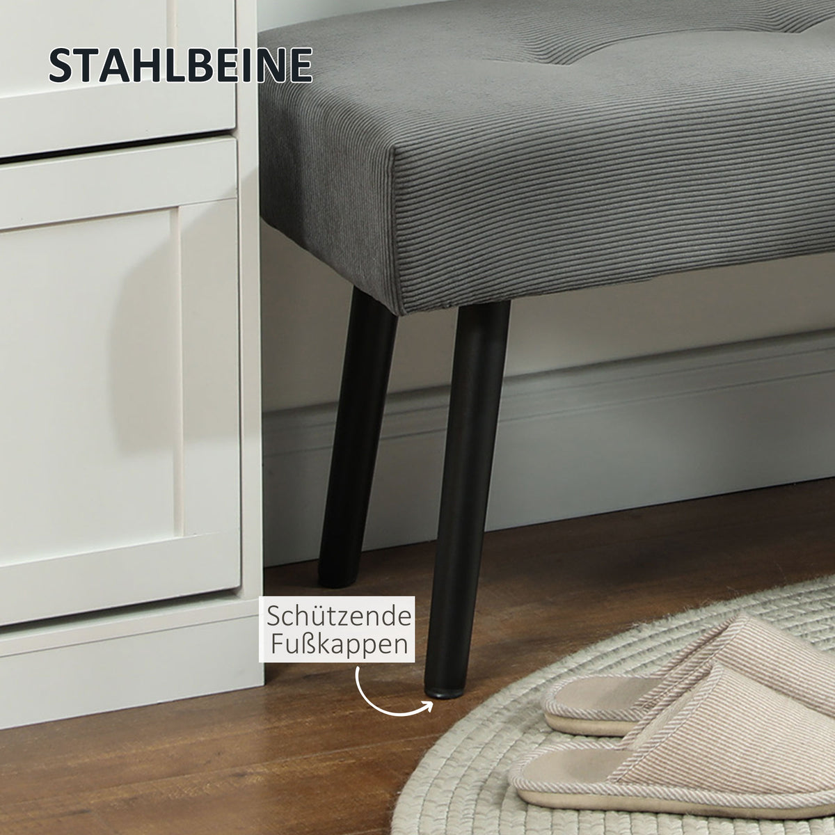 Gestoffeerde bank met corduroy bekleding, slaapbank met metalen poten, schoenenbank 100 x 36 x 45 cm grijs (5)