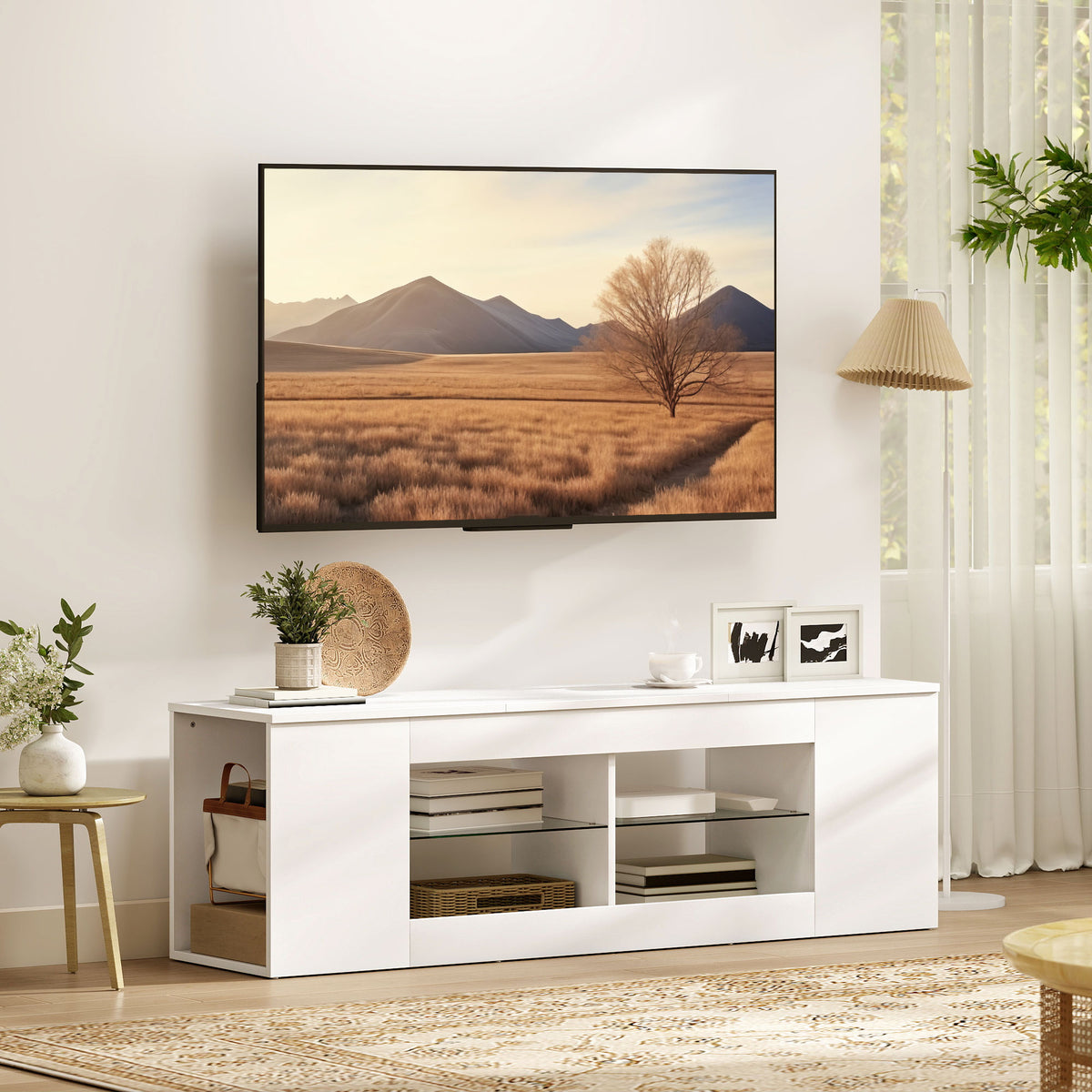 140 cm tv-standaard, tv-meubel, 6 vakken, 2 glazen planken, spaanplaat, wit (2)