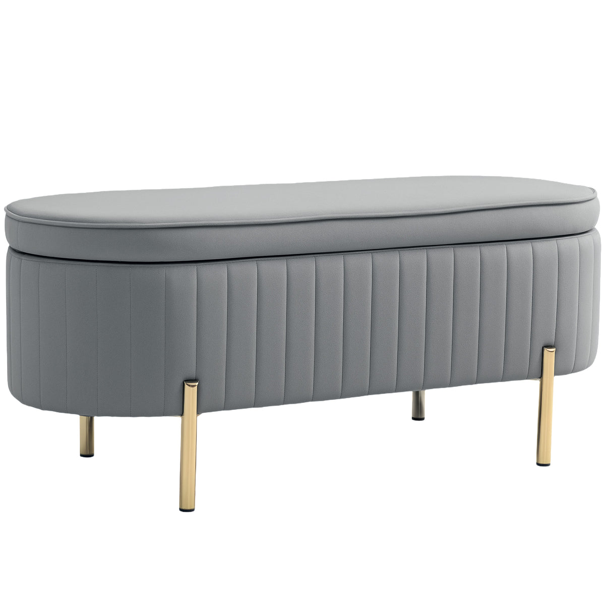 Bank met klapdeksel en opbergruimte, stoffen bekleding, hout, metaal, grijs+goudkleurig