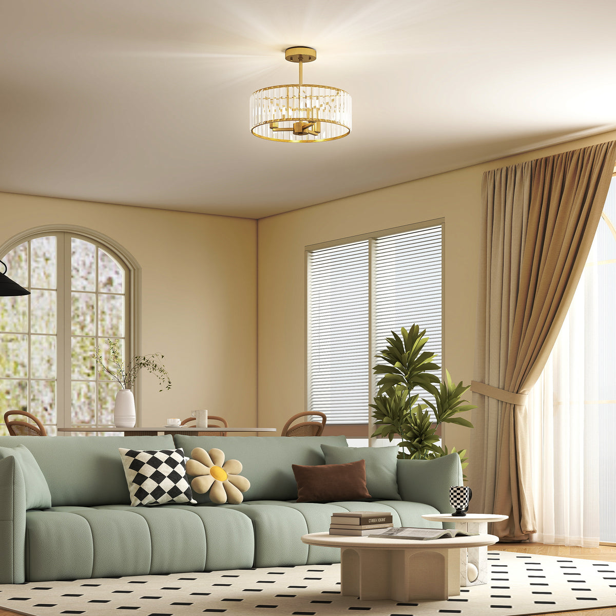 Plafondlamp, kroonluchterdesign, kristallen kap, 3 gloeilampen, metaal, goudkleurig (2)