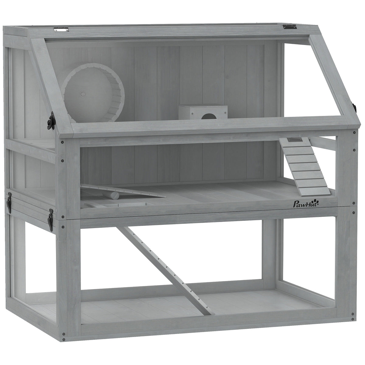 Hamsterkooi hout, 3 verdiepingen met diepe onderbak, uitneembare plateaus, voor kleine dieren, 80x50x76cm