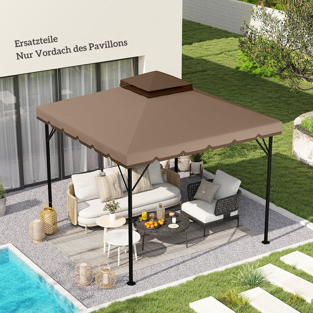 Vervangend dak voor paviljoen 3x3m waterafstotend paviljoendak met dubbel dak en waterafvoeropeningen kaki (2)