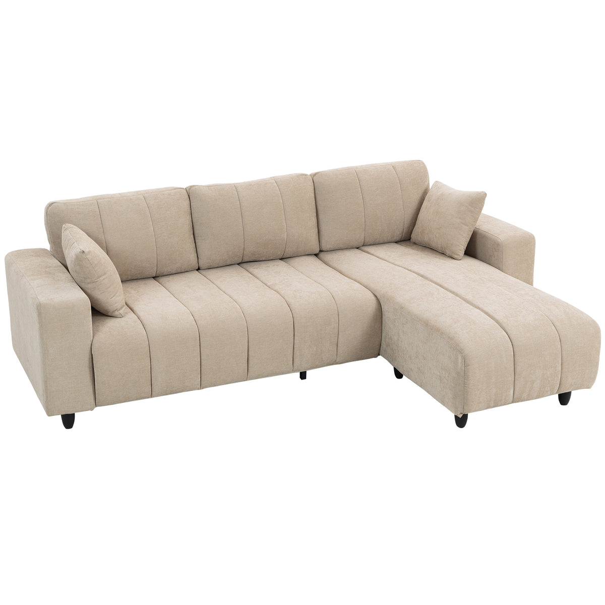 L-vormige hoekbank met flexibele chaise longue, 4-zitsbank met 2 kussens, metalen frame, voor woonkamer, beige