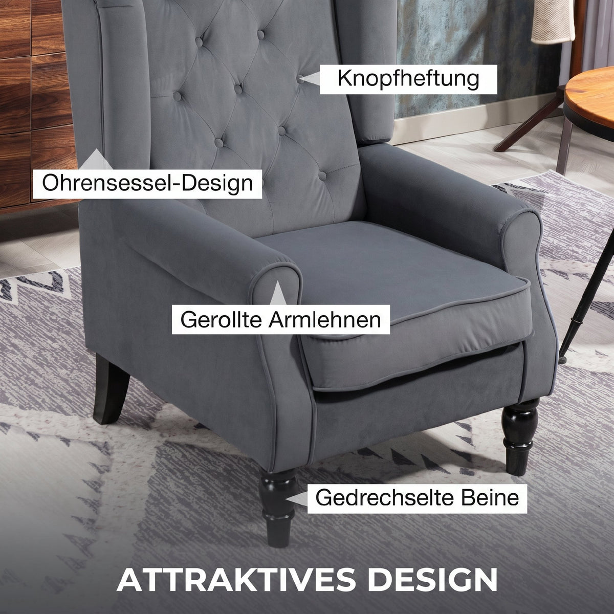 Oorfauteuil relaxfauteuil fauteuil, vintage design, knoopstiksel, gedraaide poten, 74 cm x 86 cm x 102 cm, grijs (4)