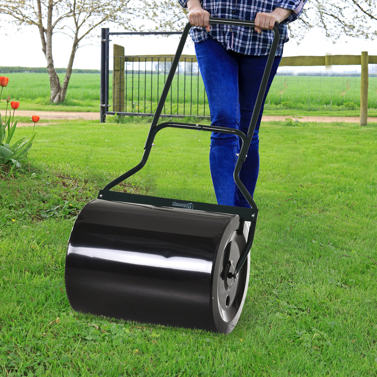 Gazonwals met U-handgreep, tuinwals, tuinroller, 40 cm diameter, 60 l water-/zandvulling, metaal, zwart 57 x 40 (2)