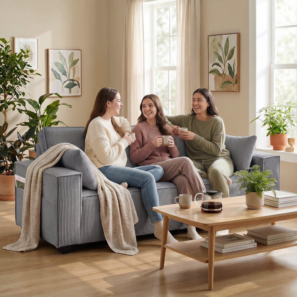 218 cm 3-zitsbank, moderne corduroy bank met pocketvering, brede armleuningen en 2 kussens, lichtgrijs (2)