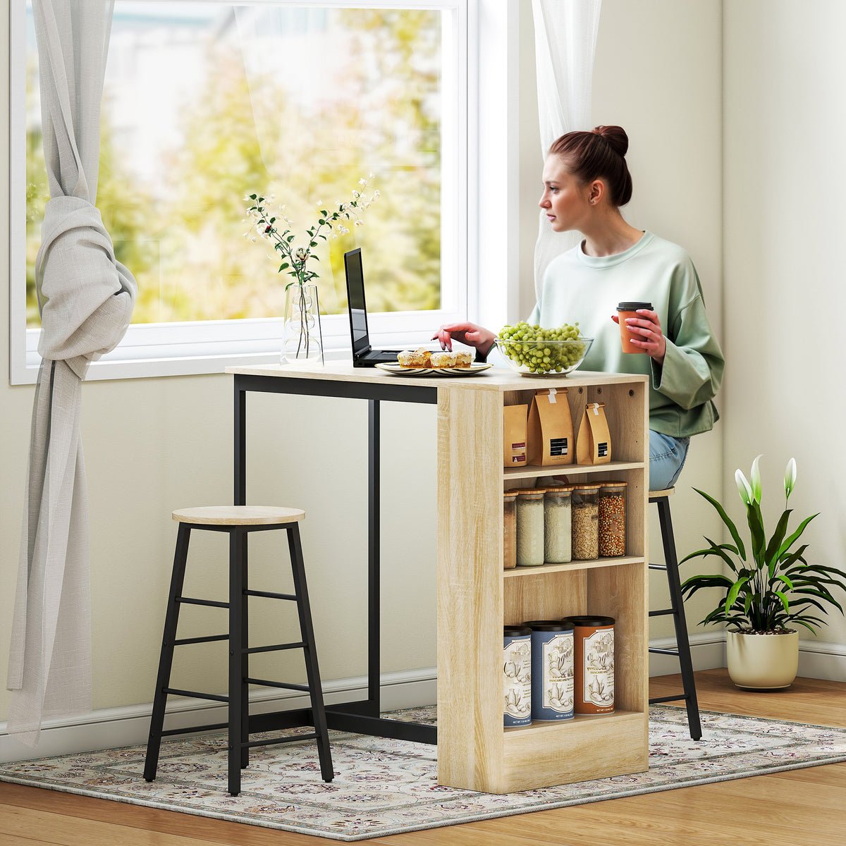 3-delige bartafelset, 1 bartafel, 2 stoelen, met opbergruimte en voetensteunen, ruimtebesparend (2)