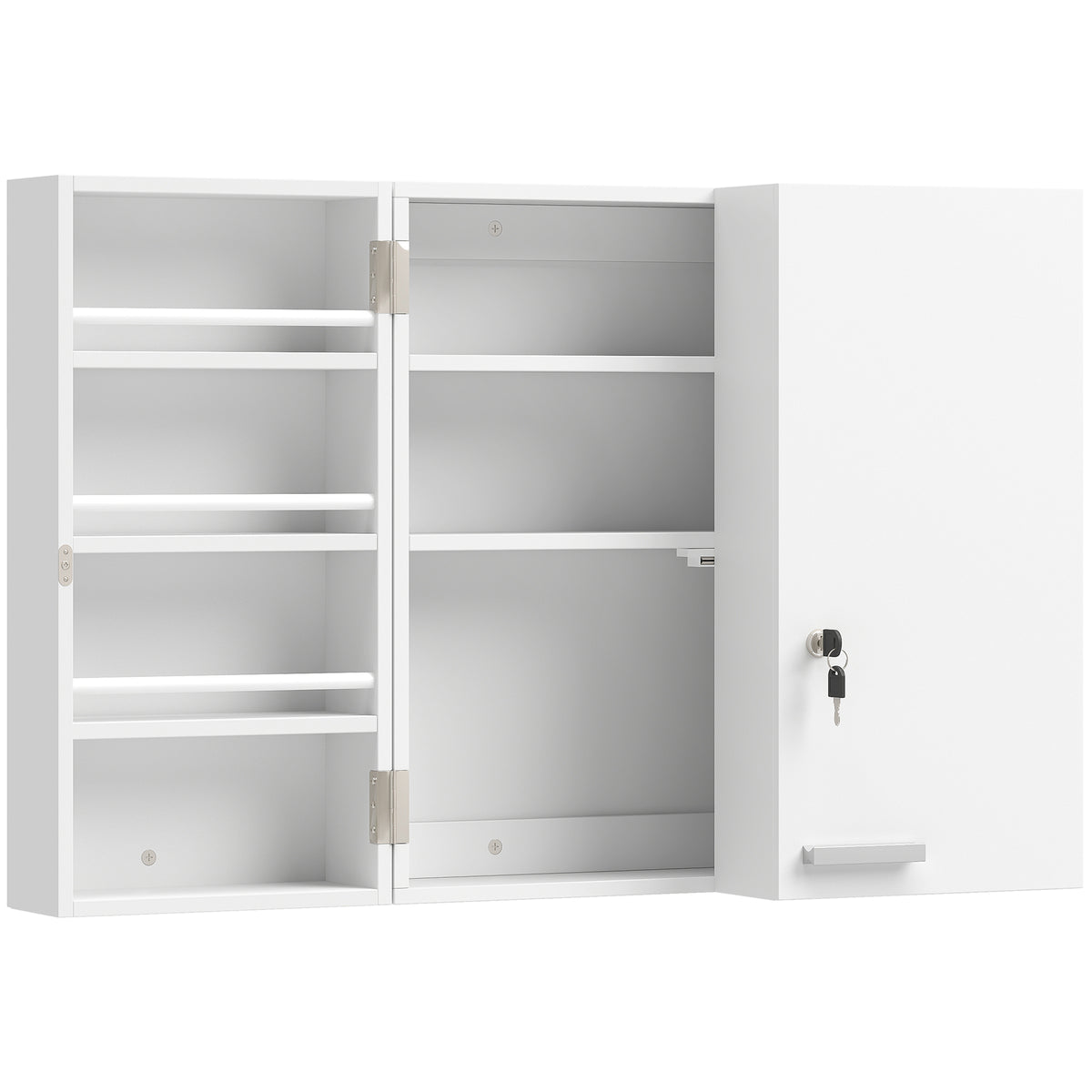 Medicijnkast afsluitbaar 2-deurs hangend medicijnkastje met 11 vakken 2 sleutels, 53 x 20 x 53 cm, wit