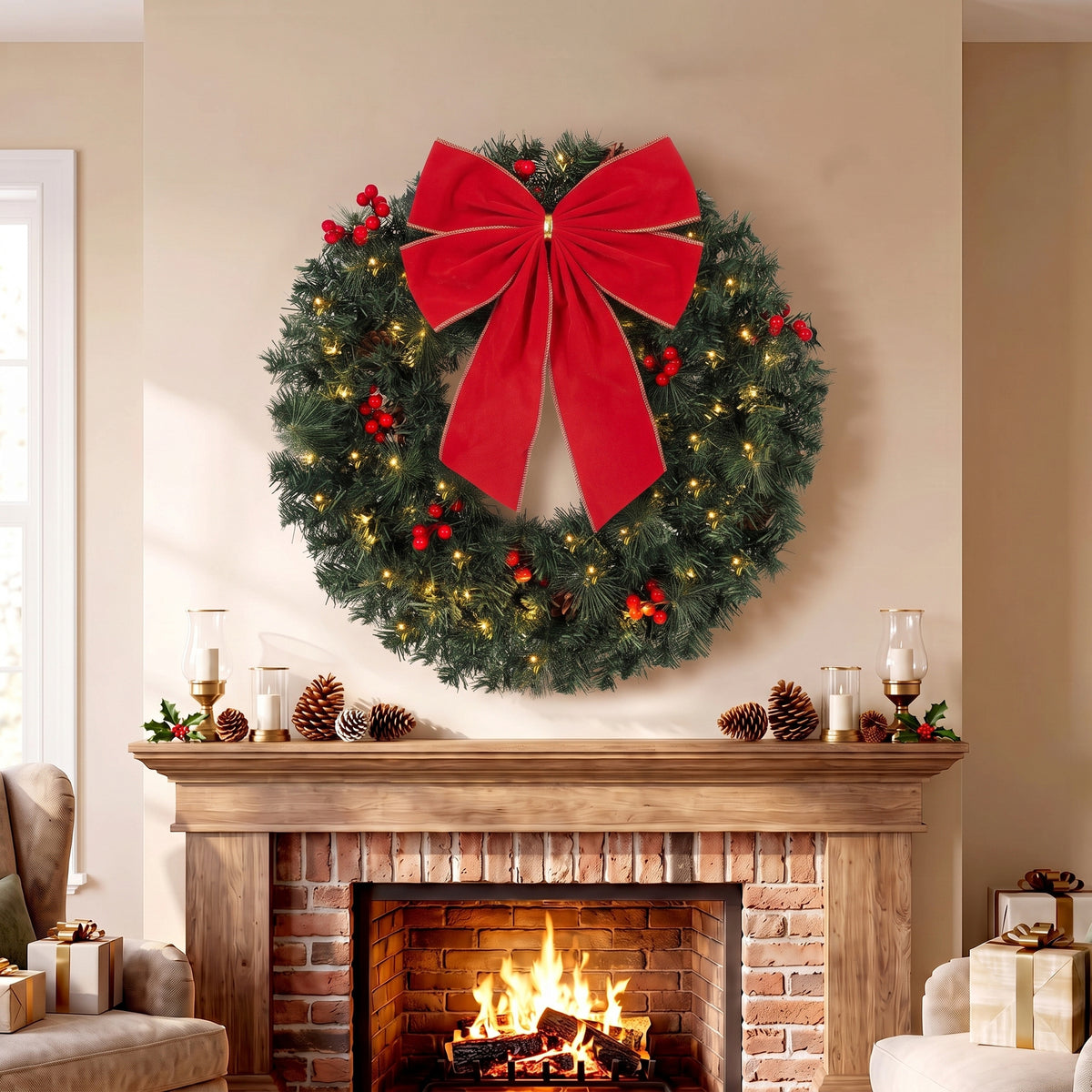 Kerstkrans 60 cm deurkrans met Crestwood-sparrenontwerp, strik, 50 leds, 140 takpunten, 8 lichtmodi (2)