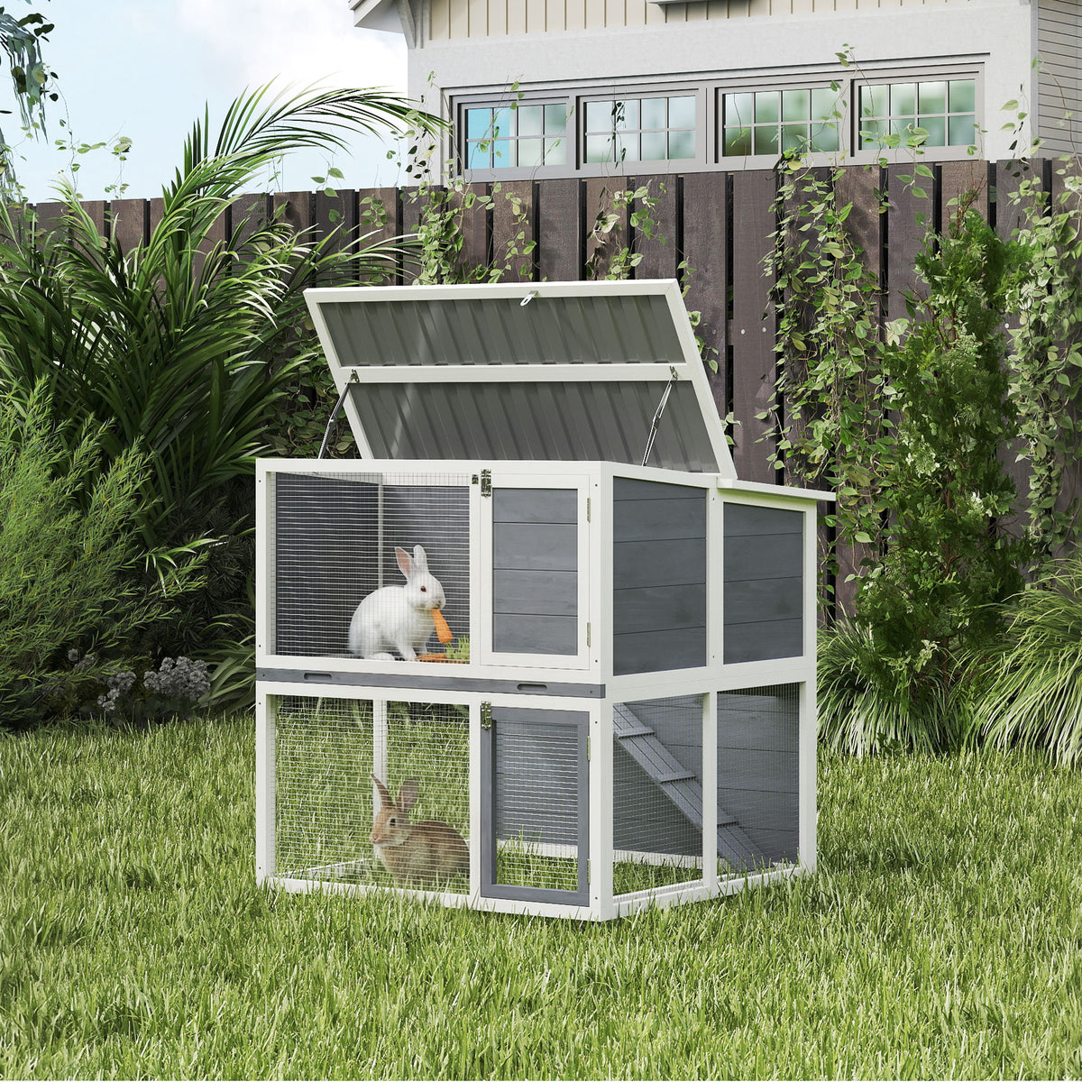 Konijnenhok 2 verdiepingen houten konijnenhok met weerbestendig opklapbaar dak, buitenren, loopplank, 98x95x102 (2)