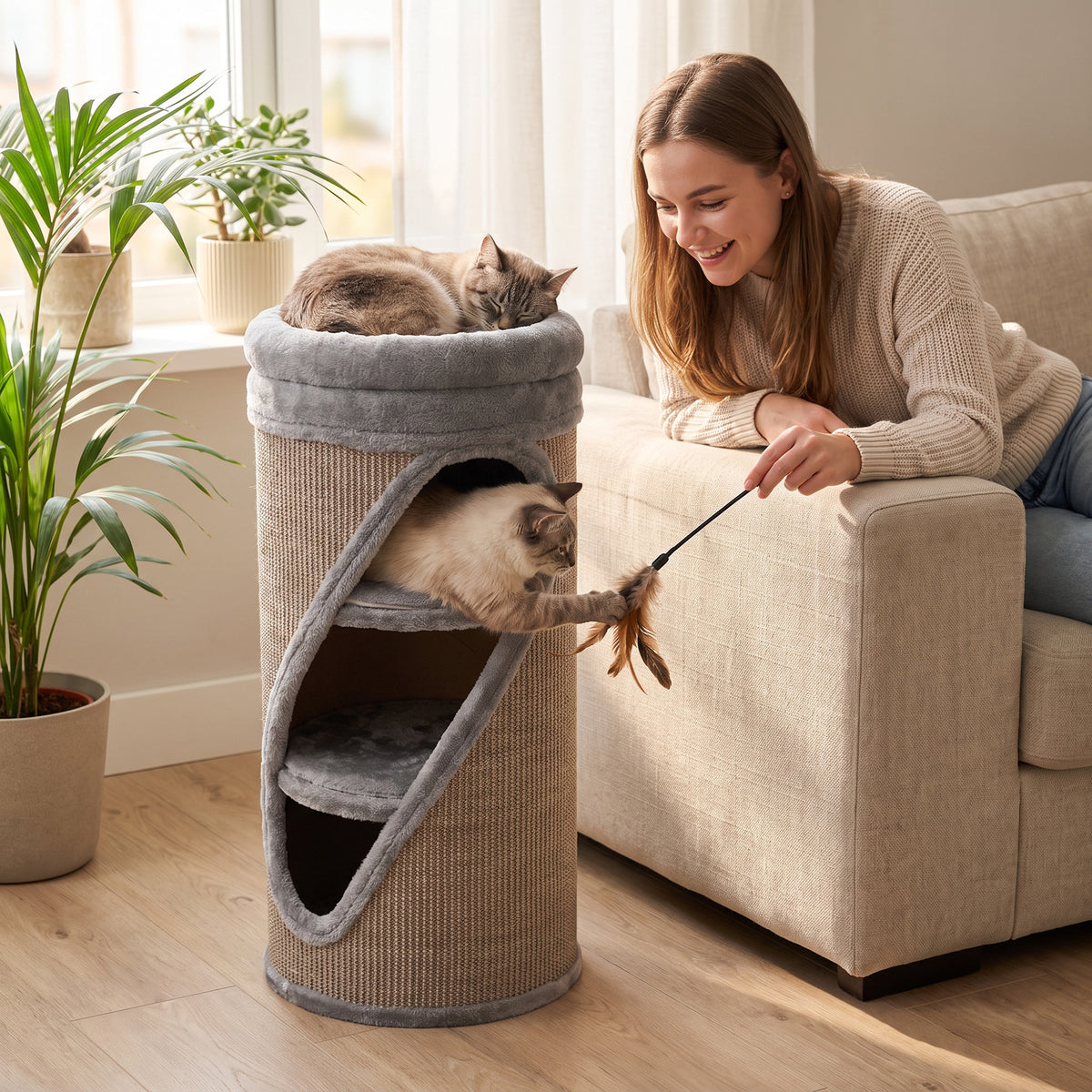Krabton 75 cm hoog Ø 35 cm 4-laagse kattenmand met 3 holen, afneembaar wasbaar pluche bed sisal-kraboppervlak (9)