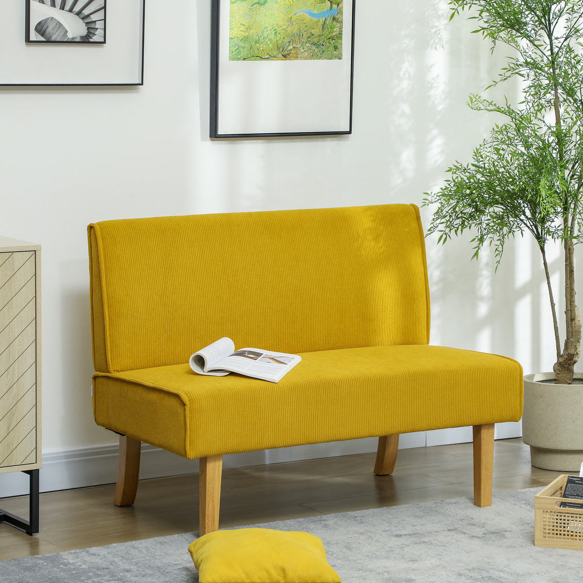 Tweezitsbank met corduroy bekleding, dikke bekleding en massief houten poten voor woonkamer, slaapkamer, kantoor (2)