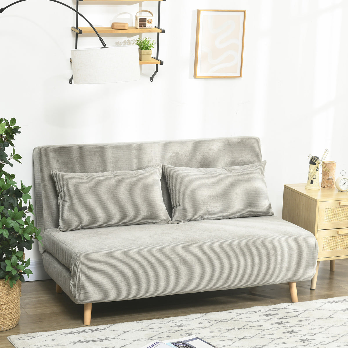 Slaapbank, logeerbed, 3-voudig verstelbare rugleuning, linnenlook, tot 120 kg, 141 x 90 x 81 cm, grijs (2)