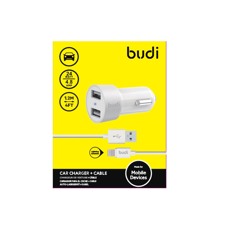 Budi - Autolader 2x USB, 24W + Lightning-kabel 1,2 m (wit) (2)