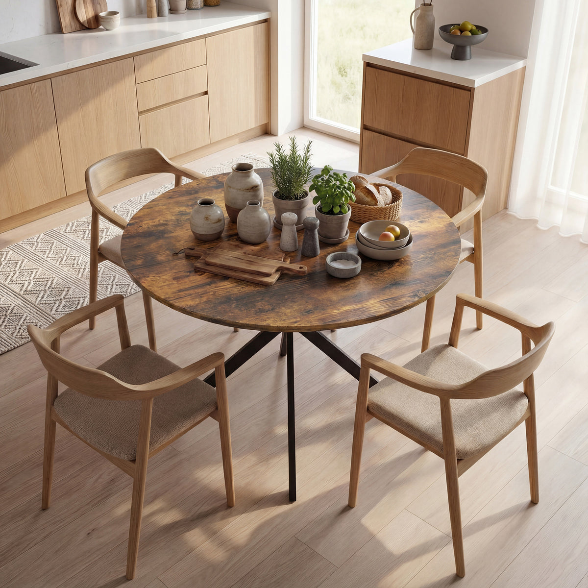 Ronde eettafel voor 4 personen, keukentafel in industriële stijl met stalen poten, voor eetkamer, keuken (2)