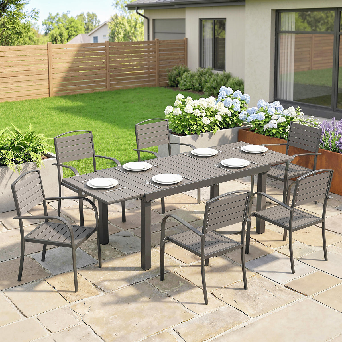 Tuineetgroep, 6 personen, 7-delig, uitschuifbare tafel met 6 stoelen, houtlook, weerbestendig, aluminium frame (2)