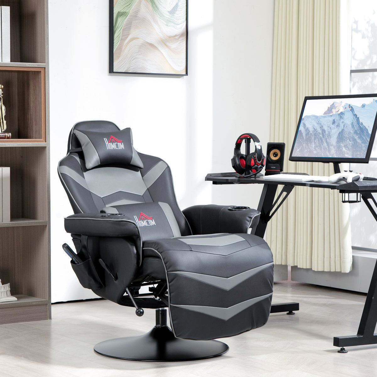 Gamingstoel, massagefunctie, verstelbare rugleuning, voetensteun, tot 120 kg, stalen frame, kunstleer, grijs (2)