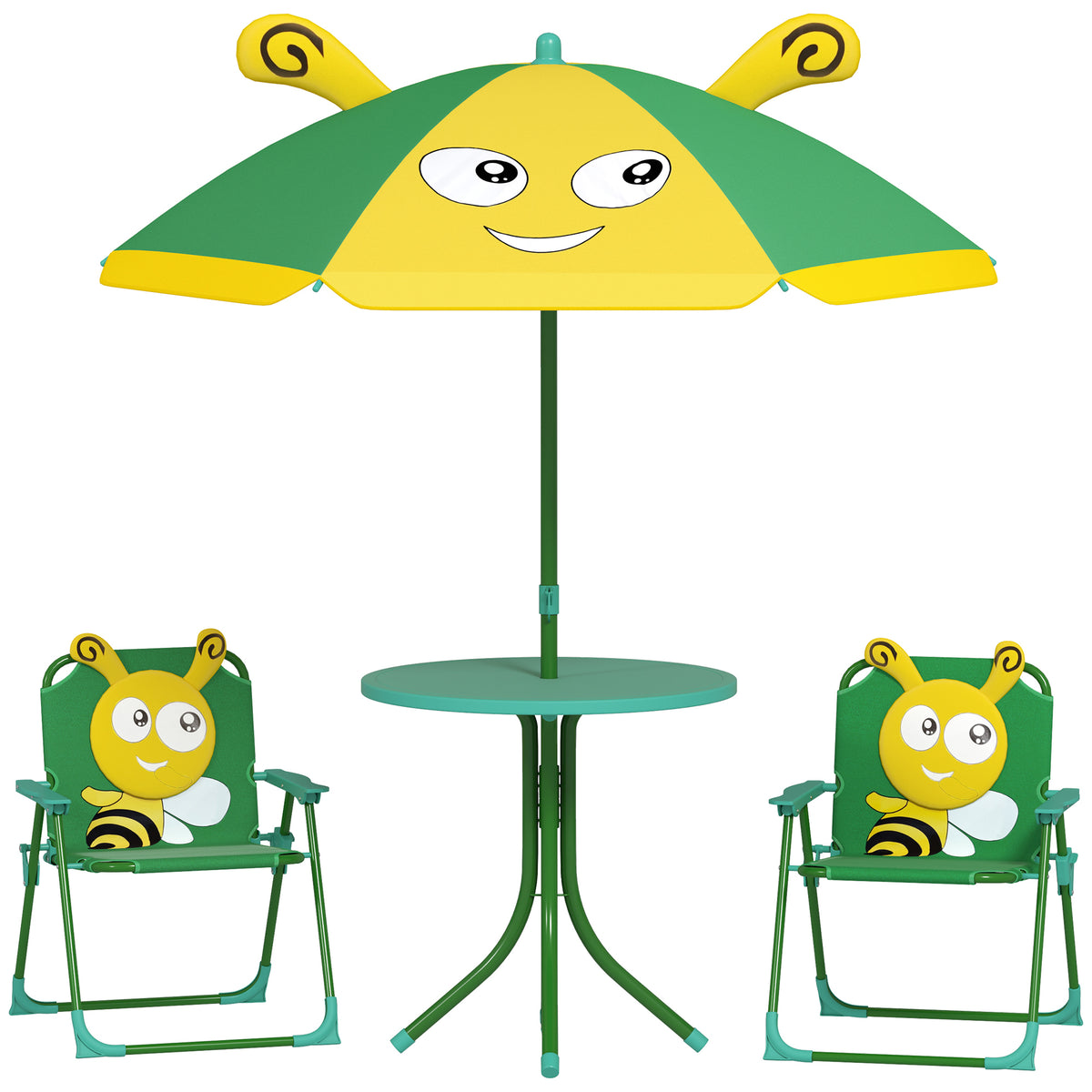 Tuinmeubelset voor kinderen, stoelen, tafel, parasol, bijendesign, groen+geel