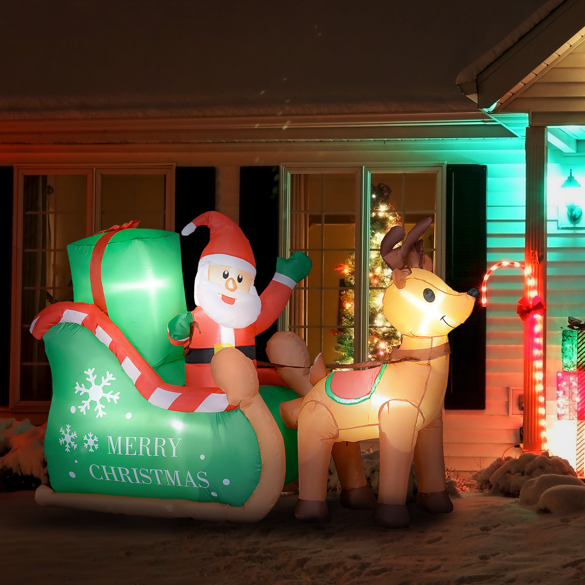 Kerstman met arrenslee & rendier, opblaasbaar, witte ledverlichting, 210 x 80 x 140 cm (2)