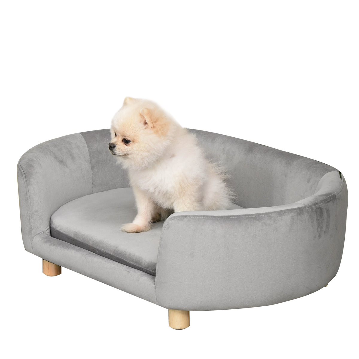 Huisdiersofa hondenbank hondenmand met fluweel, schuimrubber en berkenhouten poten voor katten en honden 86 x 55