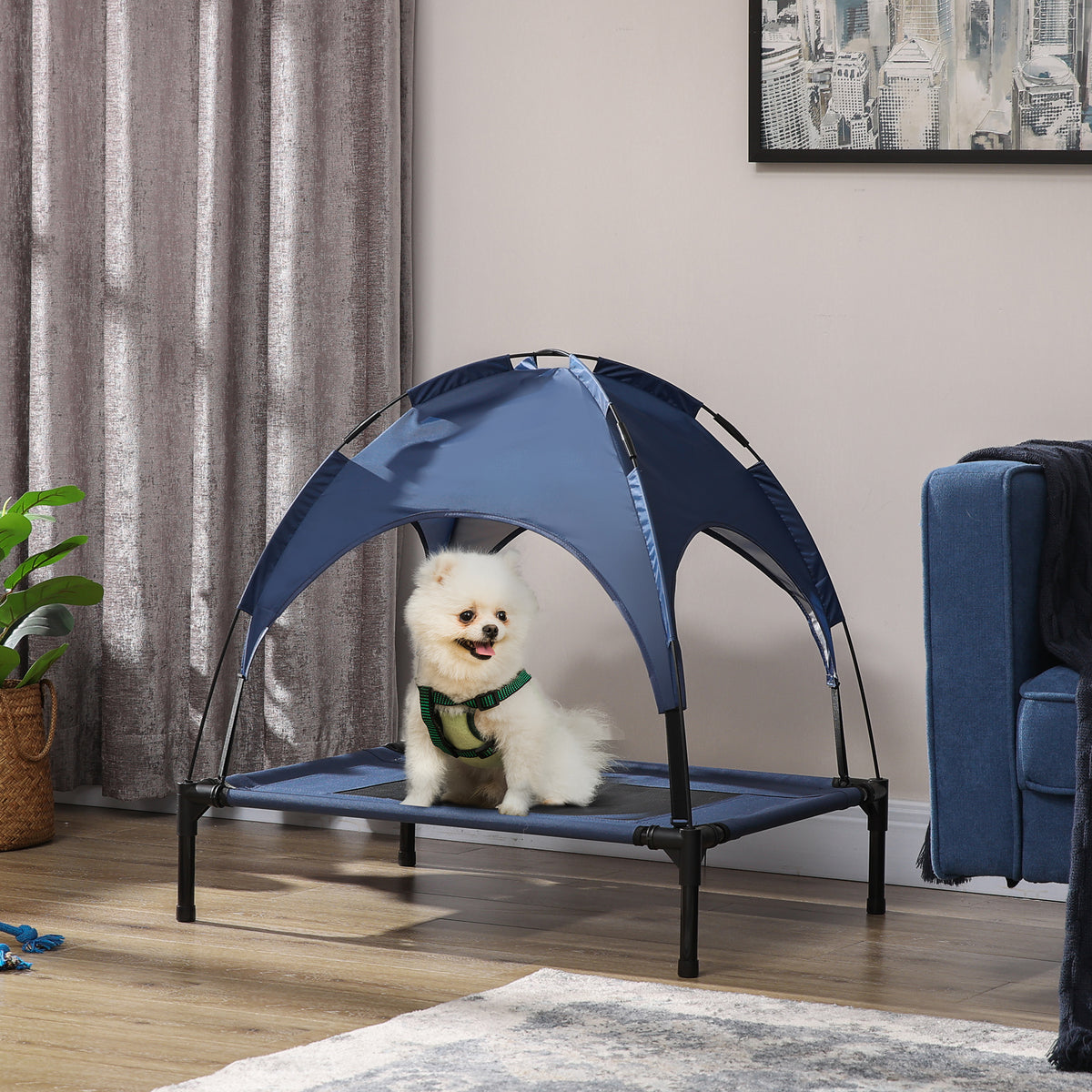 Huisdierenbed met baldakijn, hondenbed, opvouwbaar, weerbestendig, blauw (2)